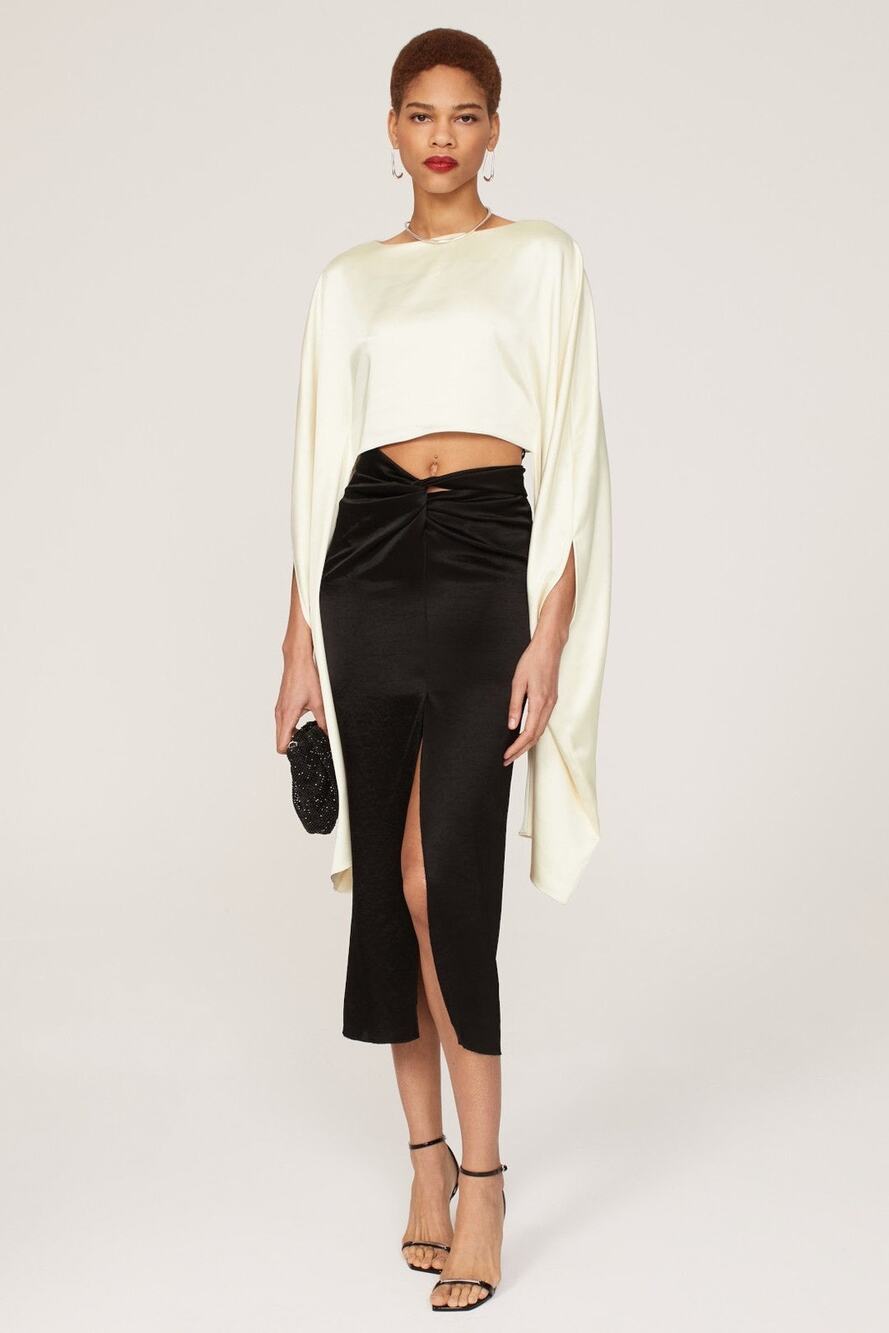 Atlein Cream Dramatic Long Sleeve Satin Cropped Round Neck Top Size Medium